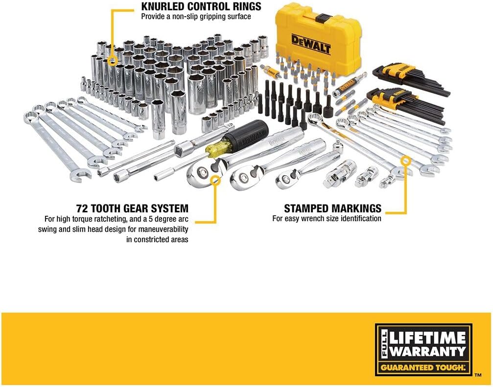 DEWALT Mechanic Tool Set with Case, Socket Set Metric and Standard Full, 1/4' & 3/8' Drive, Hex Keys and Specialty Tools, 168-Piece (DWMT73803)