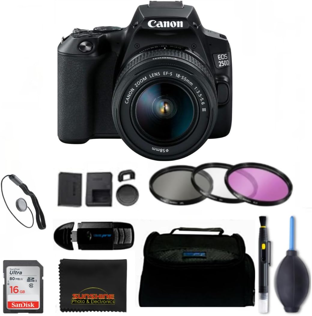 Canon EOS 250D (Rebel SL3) DSLR Camera w/ 18-55m DC Lens (w/Sunshine Photo Essentials Bundle)