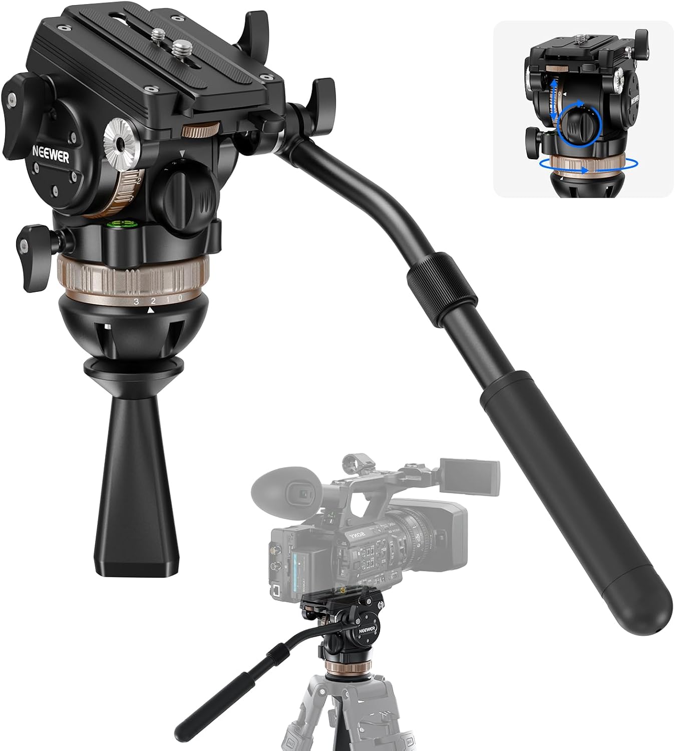 NEEWER Video Tripod Fluid Head w/ 6 Level Dynamic Counterbalance, 4 Level Pan/Tilt Damping, Handle, φ75mm Base, Metal Heavy Duty QR Plate Compatible with DJI RS Gimbals, Max Load 18lb, TH45