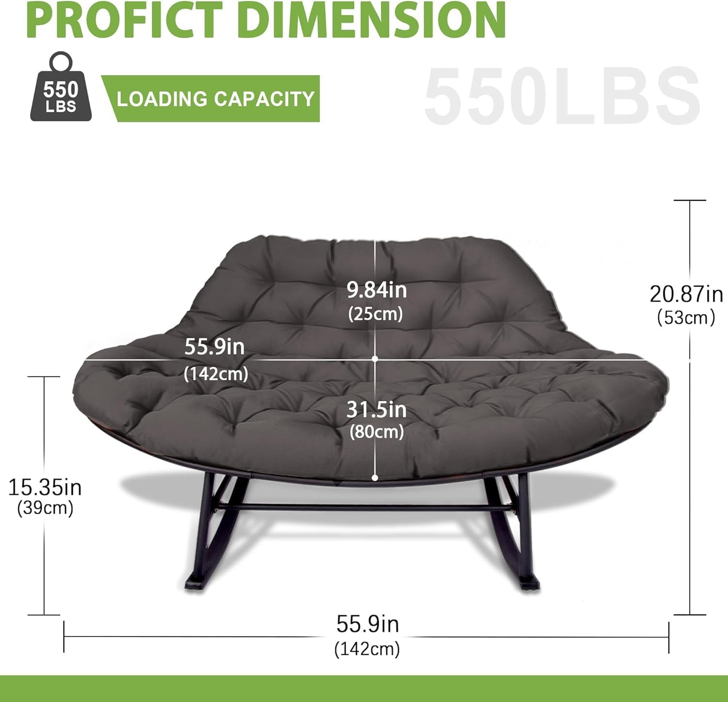 YOXIFOC Double Rocking Chair, Indoor and Outdoor Dual Lounge Chair, with Extra Thick and Large Cushion, Suitable for Living Room/Patio/Garden (Grey)