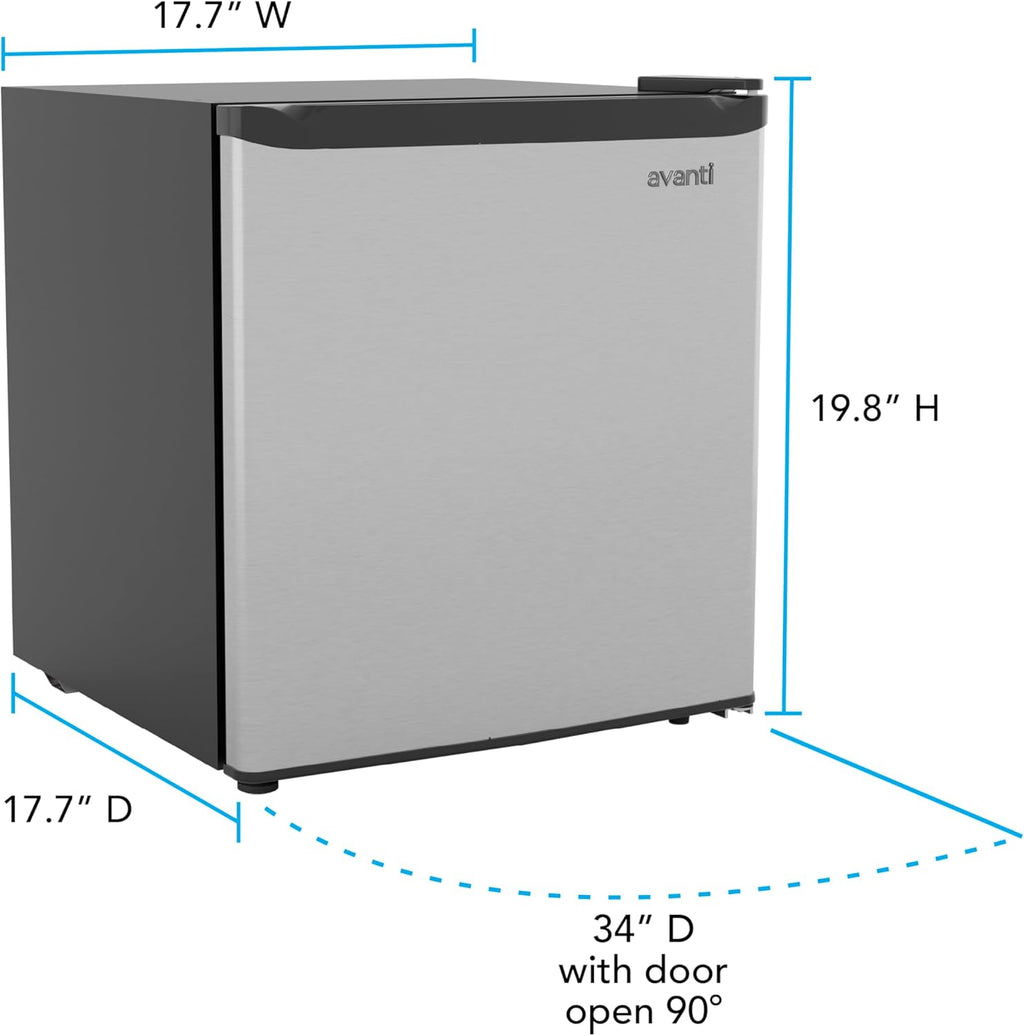 Avanti Mini Fridge 1.6 Cu. Ft. Compact Refrigerator for Dorm, Office & Bedroom, Chiller Compartment, Glass Shelf, Reversible Door with Automatic Defrost, ENERGY STAR, Stainless Steel