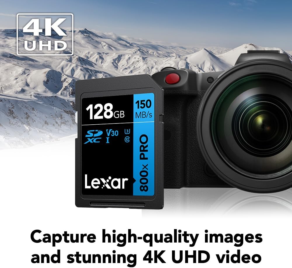 Lexar 128GB (2-Pack) High-Performance 800x PRO SD Card, UHS-I, C10, U3, V30, 4K, Up to 150MB/s Read SDXC Memory Card, for Point-and-Shoot & Mid-Range DSLR Cameras, HD Camcorders (LSD0800P128G-B2NNU)