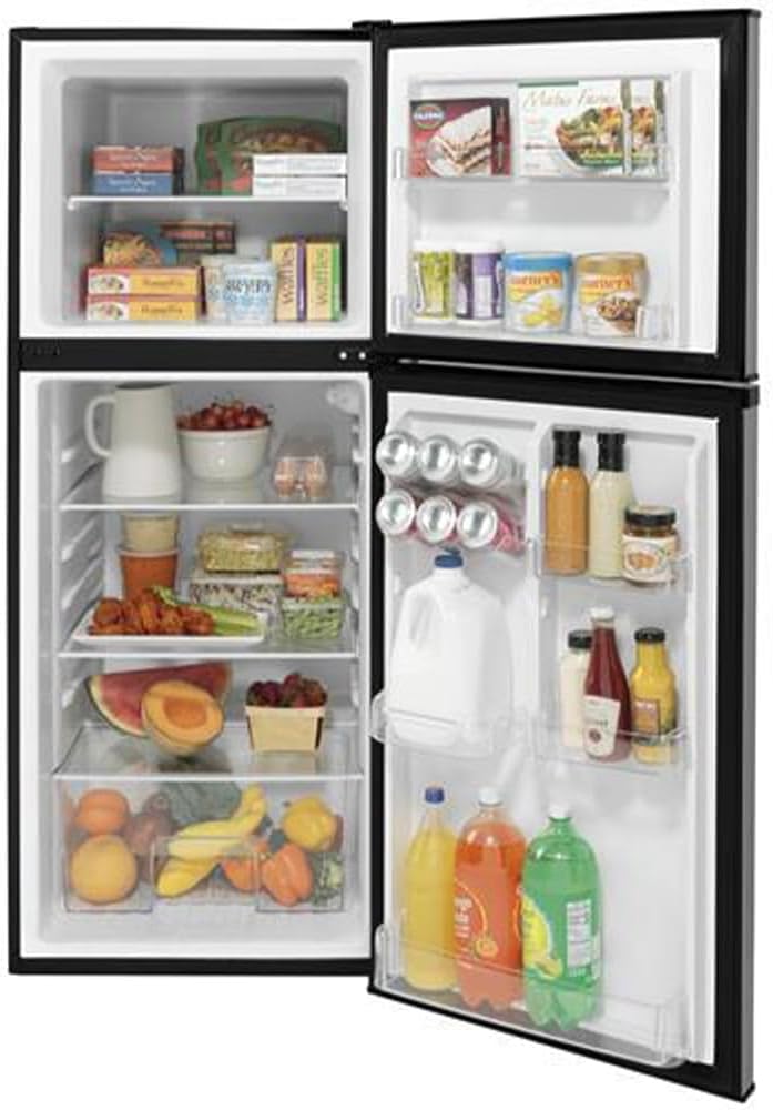 GE GPV10FSNSB 24' Top Freezer Refrigerator with 9.93 cu. ft. Capacity 12V DC Power Only LED Lighting and Adjustable Spillproof Glass Shelves in Stainless Steel and Black