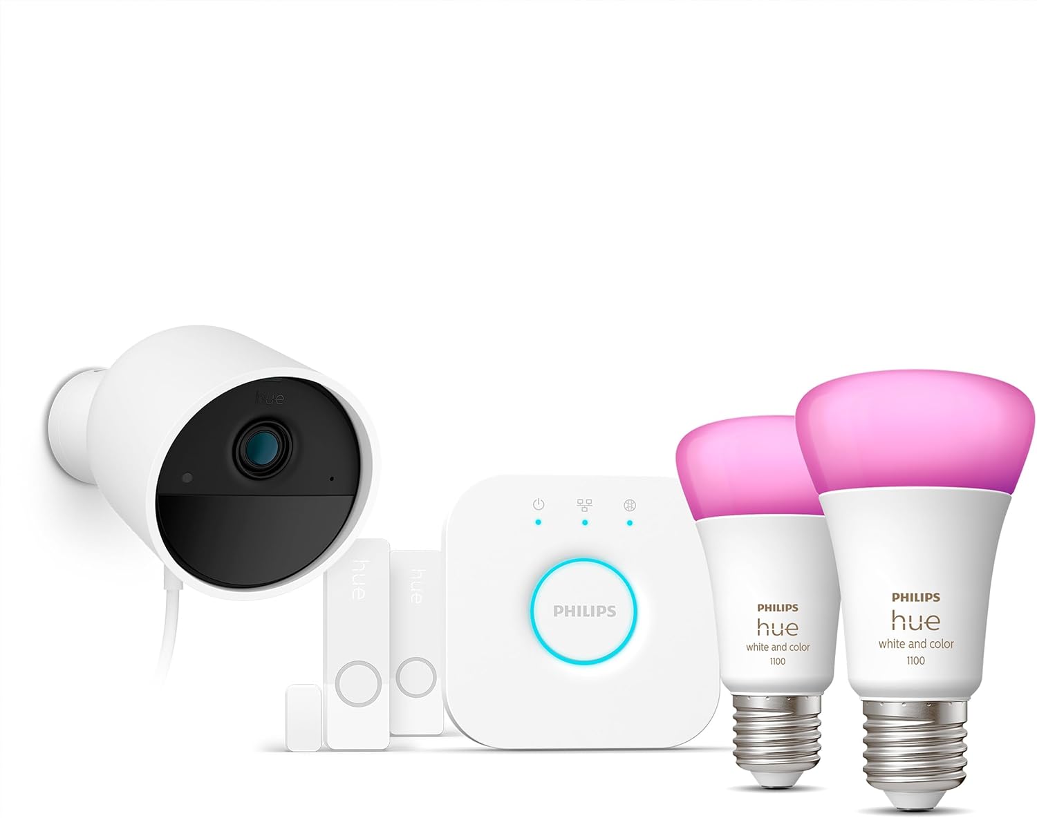 Philips Hue Secure Starter Kit with Bridge, Wired Security Camera, (2) Secure Contact Sensor, (2) 75W A19 Bulb, White & Color Ambiance, Works Security Center in Hue App