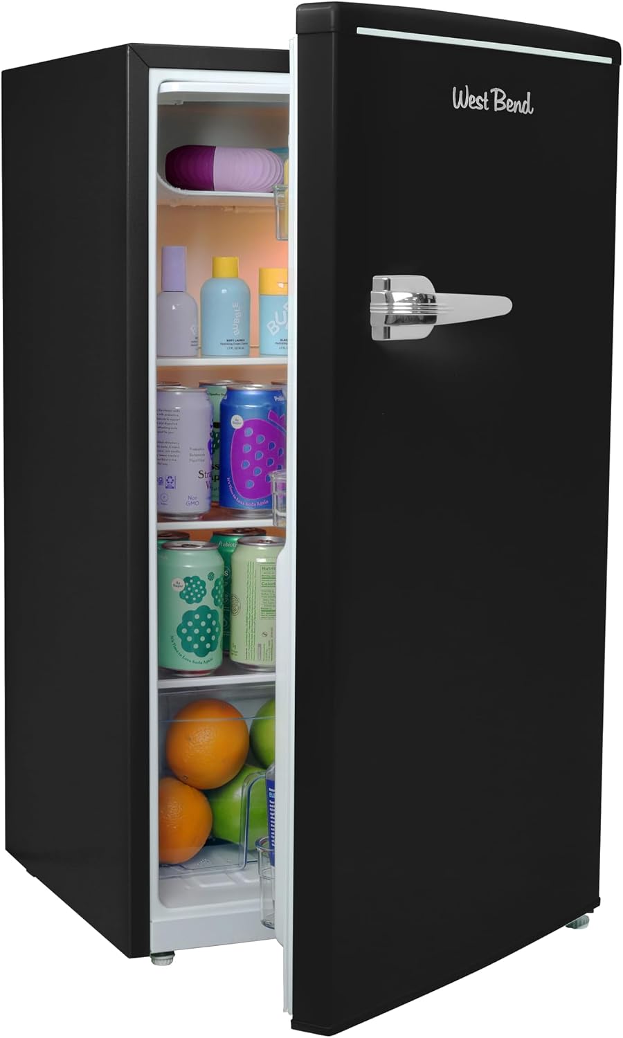 West Bend Mini Fridge for Bedroom, Office, Bar or College Dorm Room, Retro Compact Refrigerator features single door, removable glass shelves and adjustable temperature control, 3.0-Cu.Ft., Black