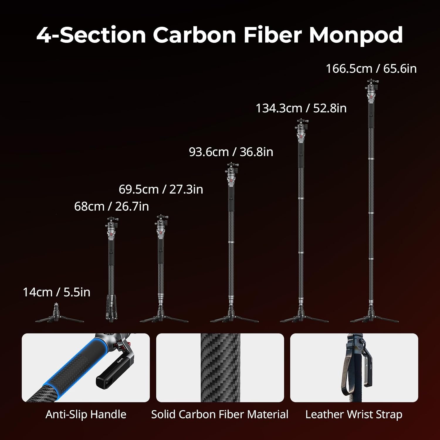 SmallRig 166.5cm / 65.6' Carbon Fiber Monopod for Camera, Compact Camera Monopod with One-Touch Height Adjustment, Max. 5kg Playload Ball Head, Storage Size of 68cm / 26.8', Weighs 1.72kg / 3.8lb