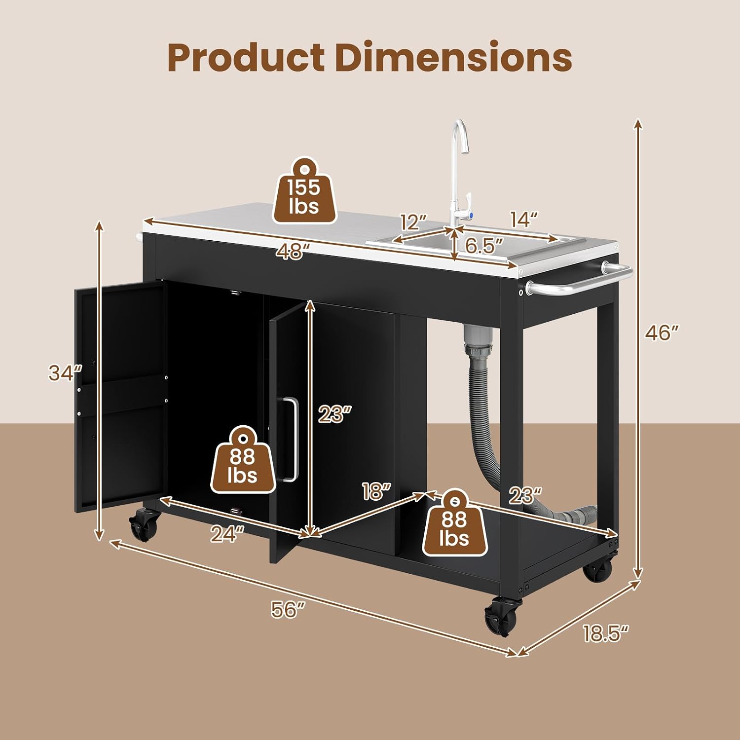 Happygrill 56' Outdoor Grill Table with Sink & Drainage, Heavy Duty Metal Grill Cart with Stainless Steel Top & Storage Cabinet, Outdoor Prep Table with Handles & Wheels for Patio, Garden & Backyard