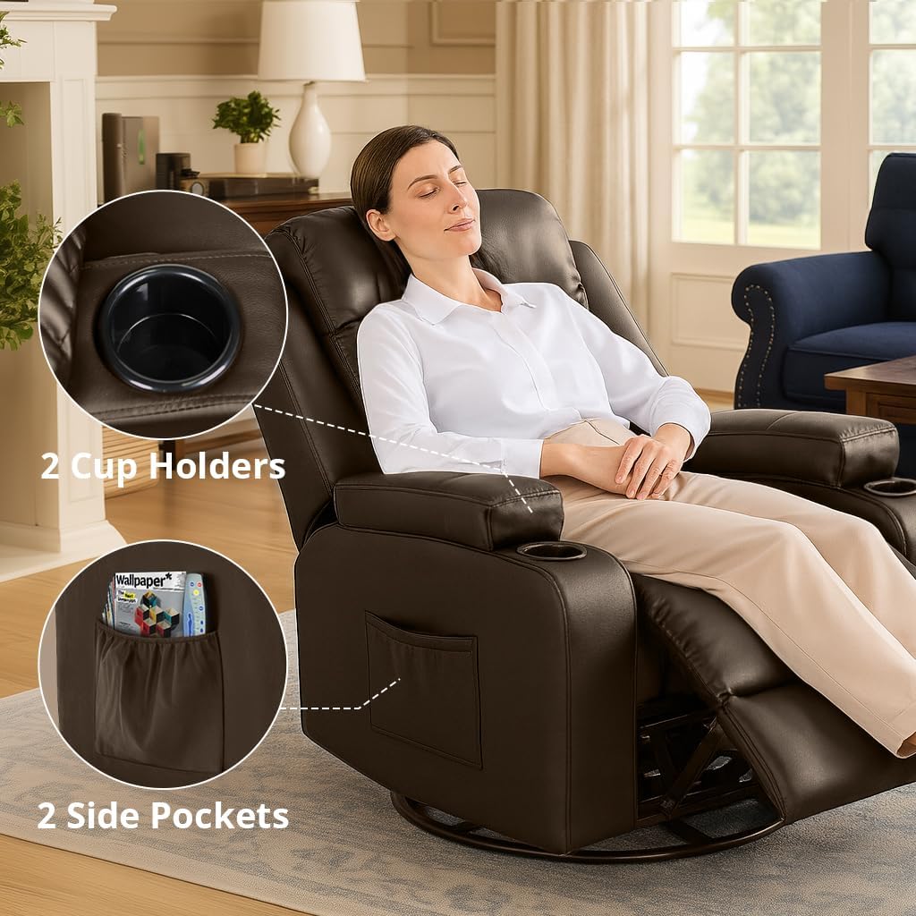 COMHOMA Recliner Chair,PU Rocking Chair for Adults,Swivel Recliner with Cup Holders,Single Sofa Seat with Side Pockets for Living Room,Bedroom(Brown)