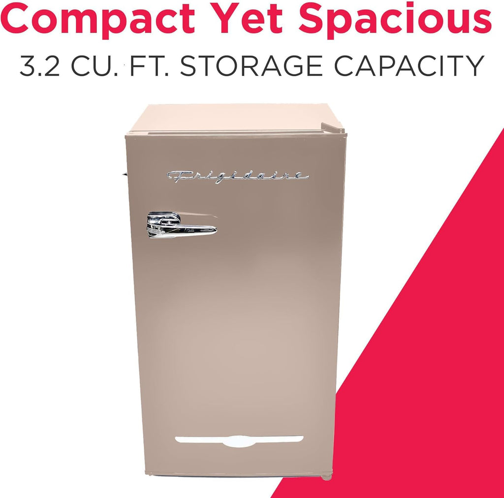 Frigidaire Retro Compact Fridge with Chiller, 3.2 cu ft Countertop Fridge with Built-In Bottle Opener, Compact Refrigerator for Office, Bedroom, Dorm Room or Cabin - 16.5' D x 19' W x 31' H (Coral)