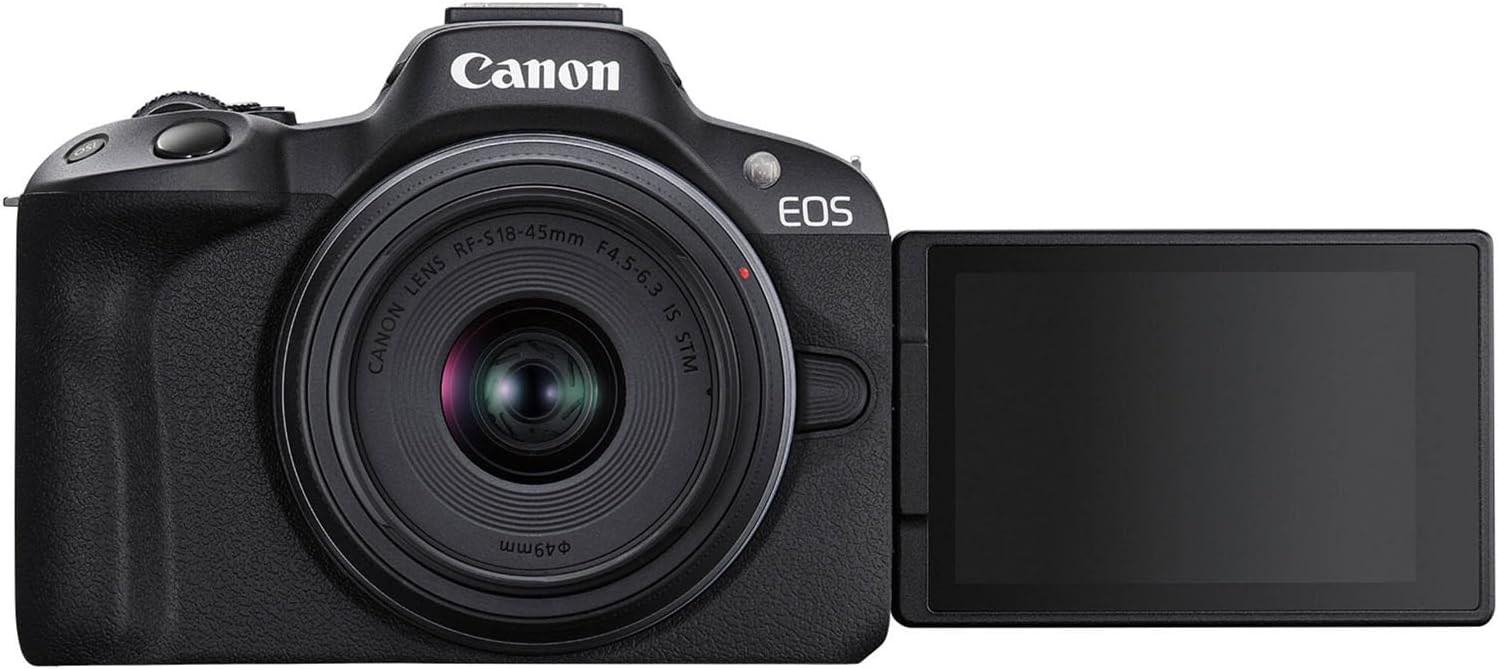 Canon EOS R50 Mirrorless Camera with RF-S 18-45mm f/4.5-6.3 is STM Lens + 64 GB Memory + Extra Battery + Camera Case + Tripod + More (19pc Bundle) (Renewed)