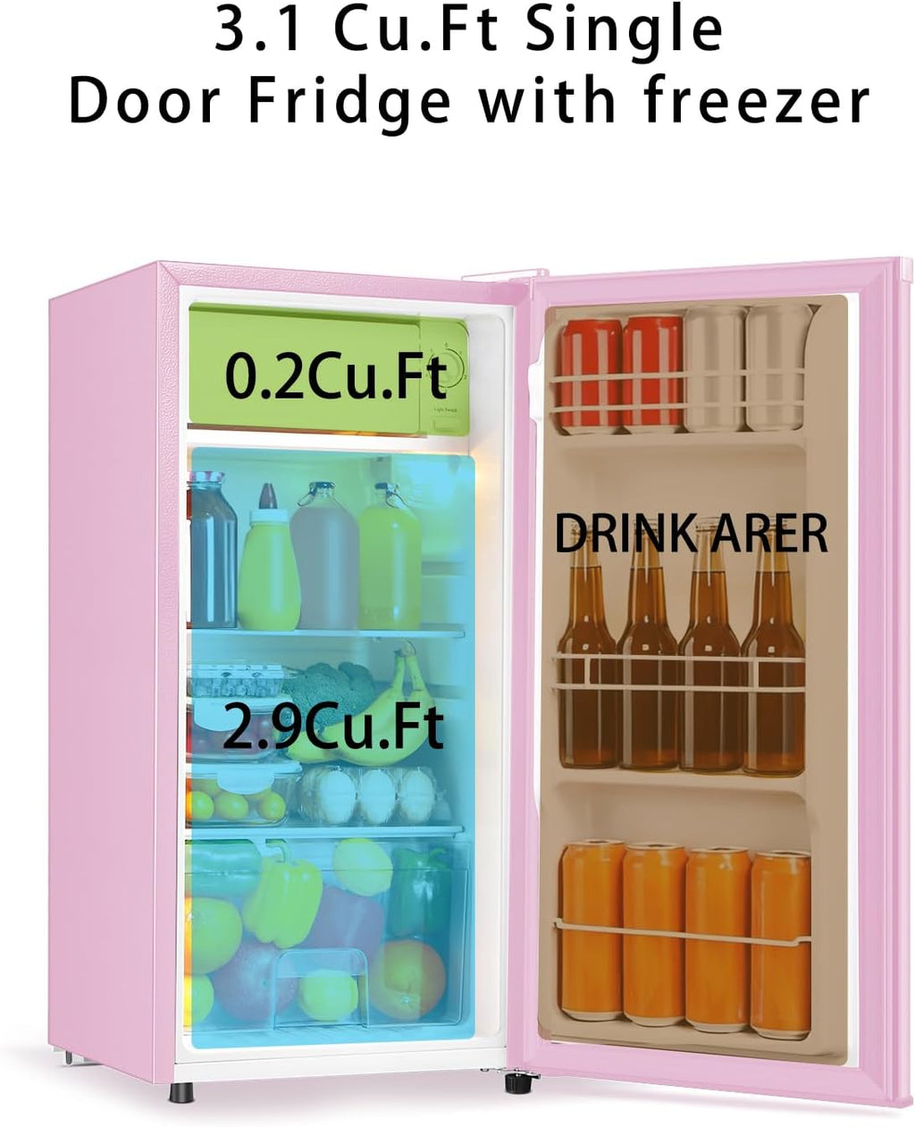 Seaoola Mini Fridge with Freezer, Single Door 3.1 Cu.Ft, Compact Mini Refrigerator, LED Light, Adjustable Thermostat, Removable Glass Shelves, Small Refrigerator for Dorm/Office/Bedroom(Pink)