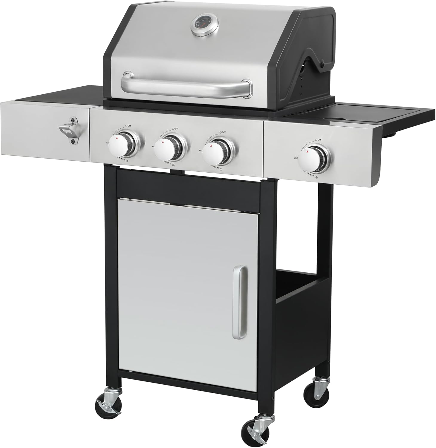 BBQ Grill, 3-Burner Propane Gas Grill with Side Burner, 37,230 BTU Output, Enameled Cast Iron Cooking Grids & Stainless Steel Front Door for Outdoor BBQ, Camping, and Family Gatherings