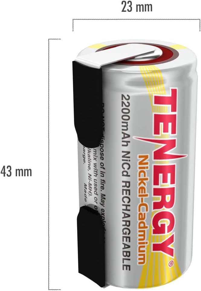 Tenergy 2200mAh Sub C NiCd Battery for Power Tools, 1.2V Flat Top Rechargeable Sub-C Cell Batteries with Tabs, 120 Pack