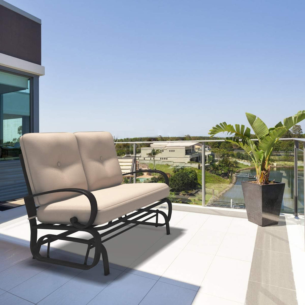 Giantex Outdoor Glider Bench, Patio 2 Person Loveseat with Removable Cushion, Thick Padded Seat, Stable Steel Frame, Outside Glider Swing Chair for Deck, Poolside, Yard, Balcony, Porch, Beige