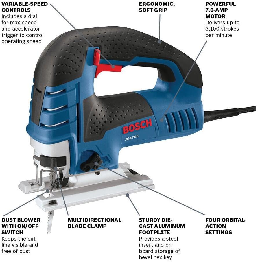 BOSCH Top-Handle Jig Saw 7.0 Amp, 3,100 SPM, 45 Degree Beveled Cuts, Variable-Speed Control, Ergonomic Design, Corded (JS470E)