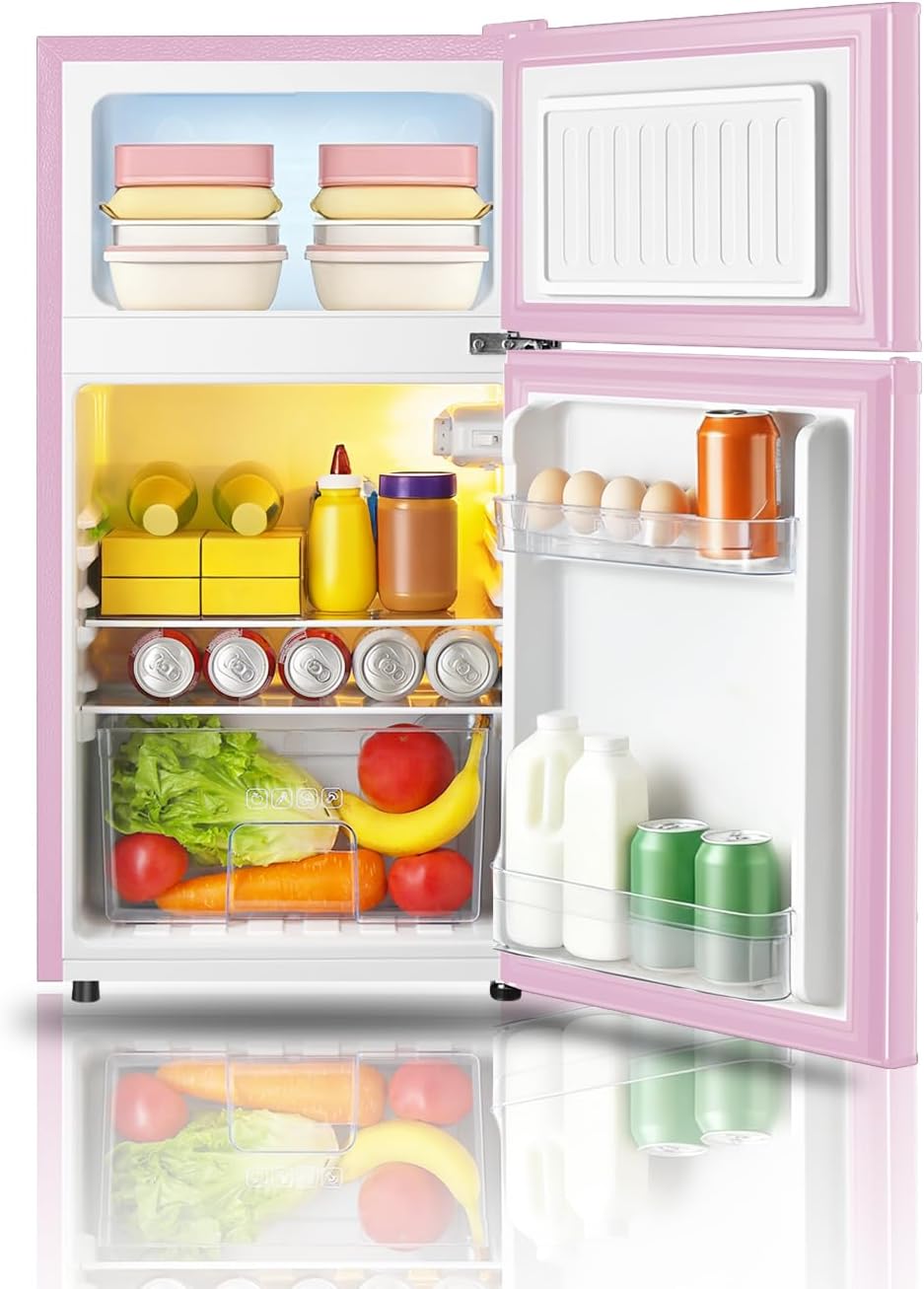 Saeoola Mini Fridge with Freezer, 3.2 Cu.Ft, 2 Doors Compact Mini Refrigerator with Separate Freezer for Dorm, Bedroom, Office, Apartment with 7-Level Temperature Control, Removable Shelves (Pink)