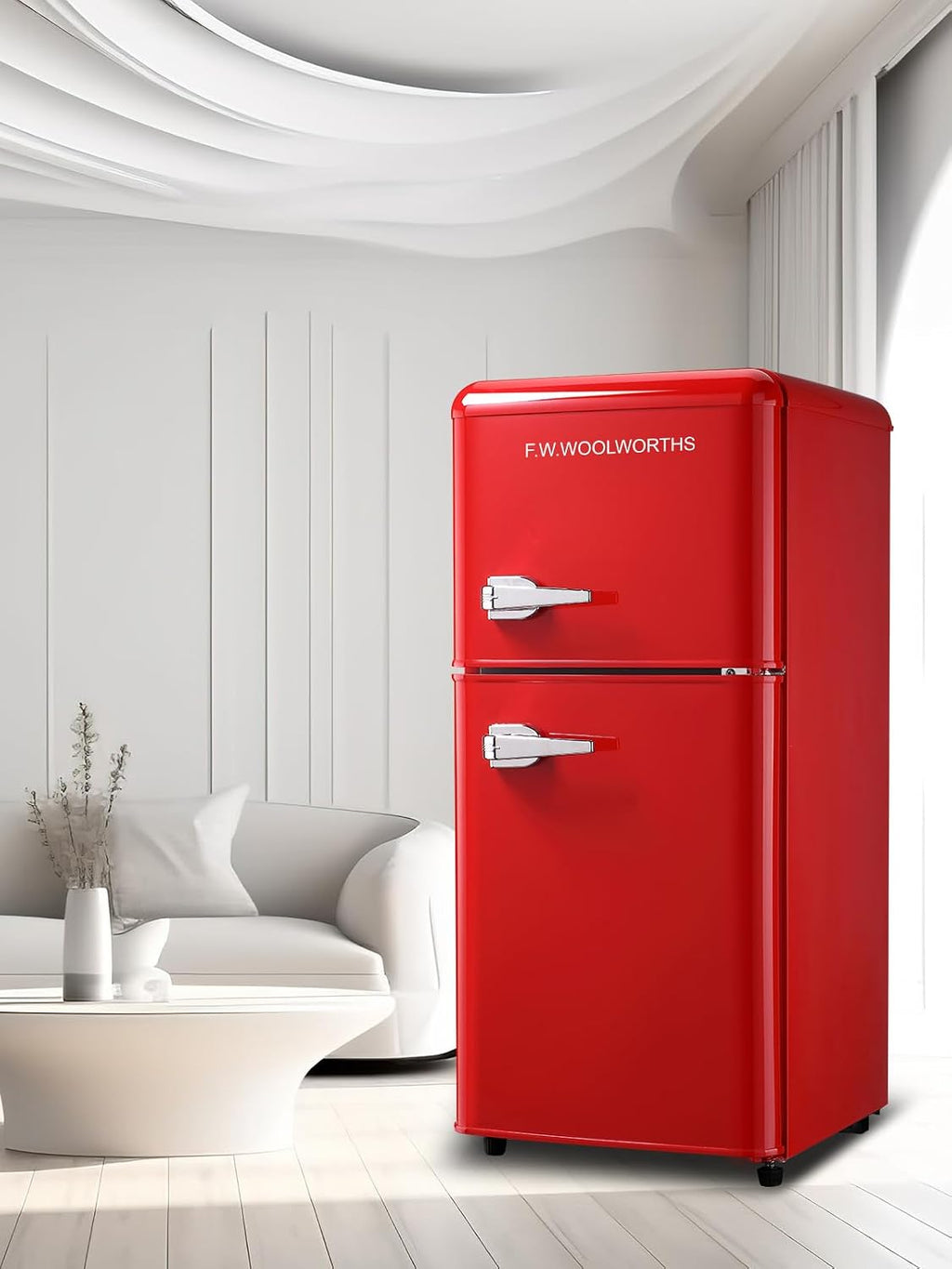 F.W.WOOLWORTHS 3.5 Cu.Ft Fridge with Freezer, Refrigerator with 2 Doors for Office, Kitchen, Dorm and Bedroom, Fridge with 7 Level Temp Adjustable Thermostat, Red