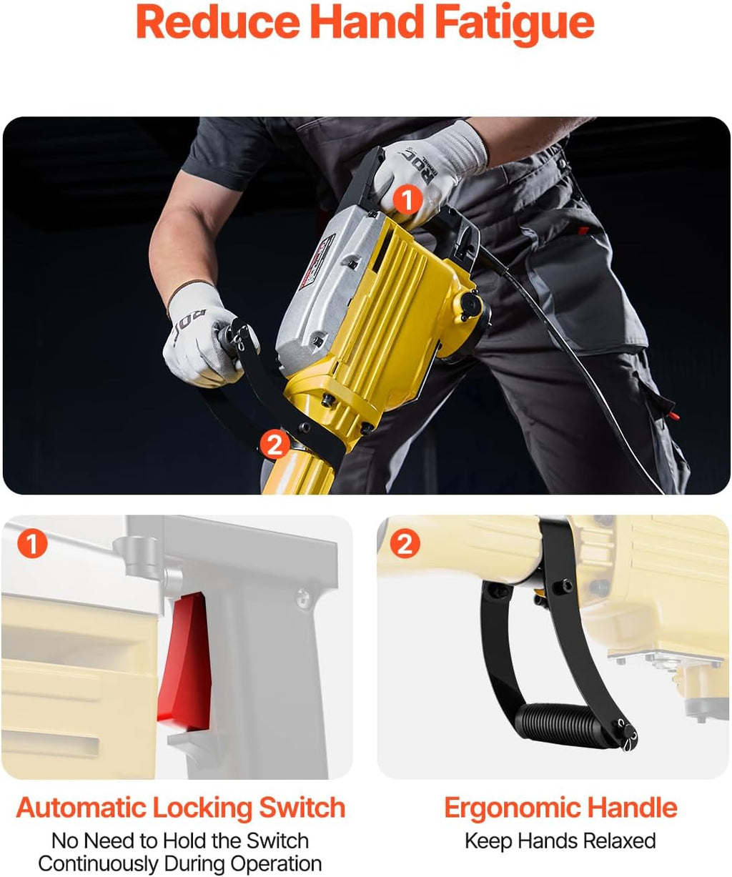 VEVOR Demolition Jack Hammer, 2200W 1350 BPM Jack Hammer Concrete Breaker, Heavy Duty Electric Jack Hammer 4pcs Chisels Bit with Gloves, 360° Swiveling Front Handle for Trenching and Breaking Holes