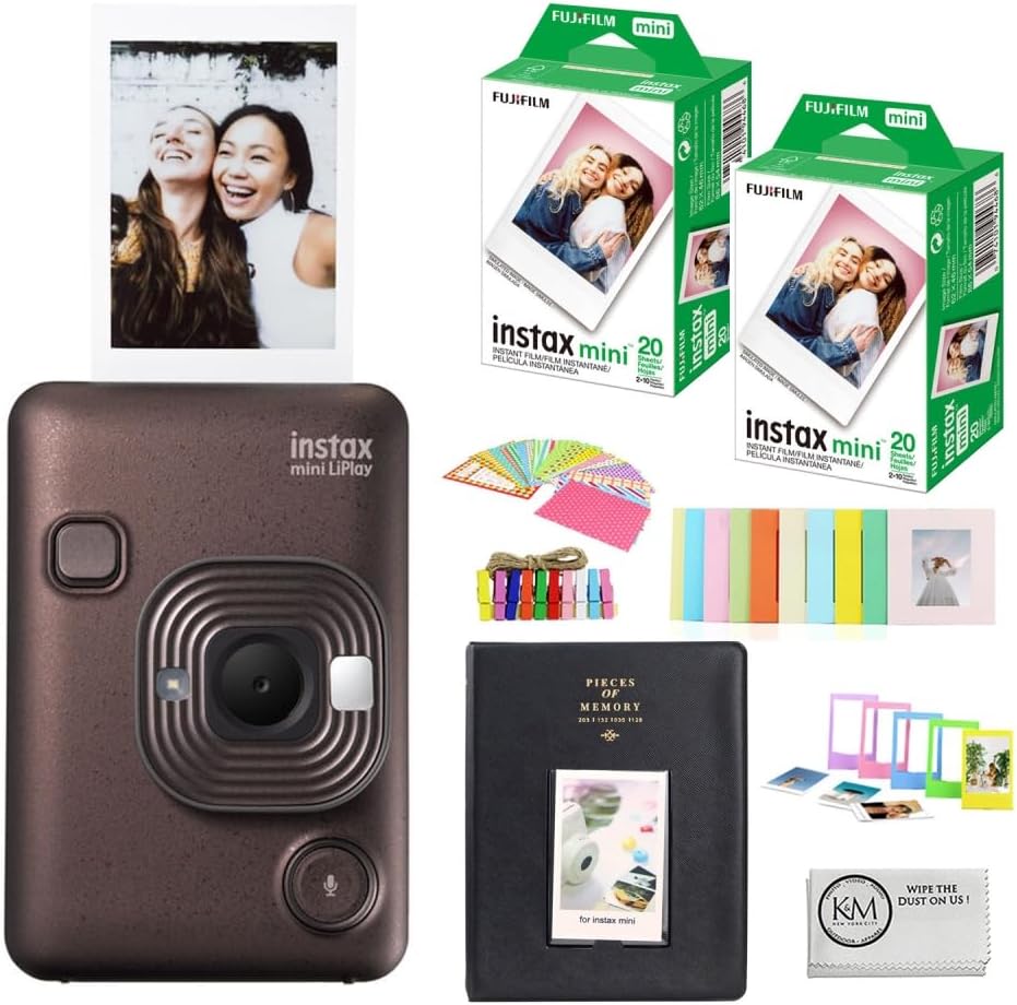 Fujifilm Instax Mini LiPlay Instant Camera | Bronze, Bundled with Instax Mini Instant Film | 40 Exposures + Album, Borders, Stickers & Clips + Cleaning Cloth (4 Items)