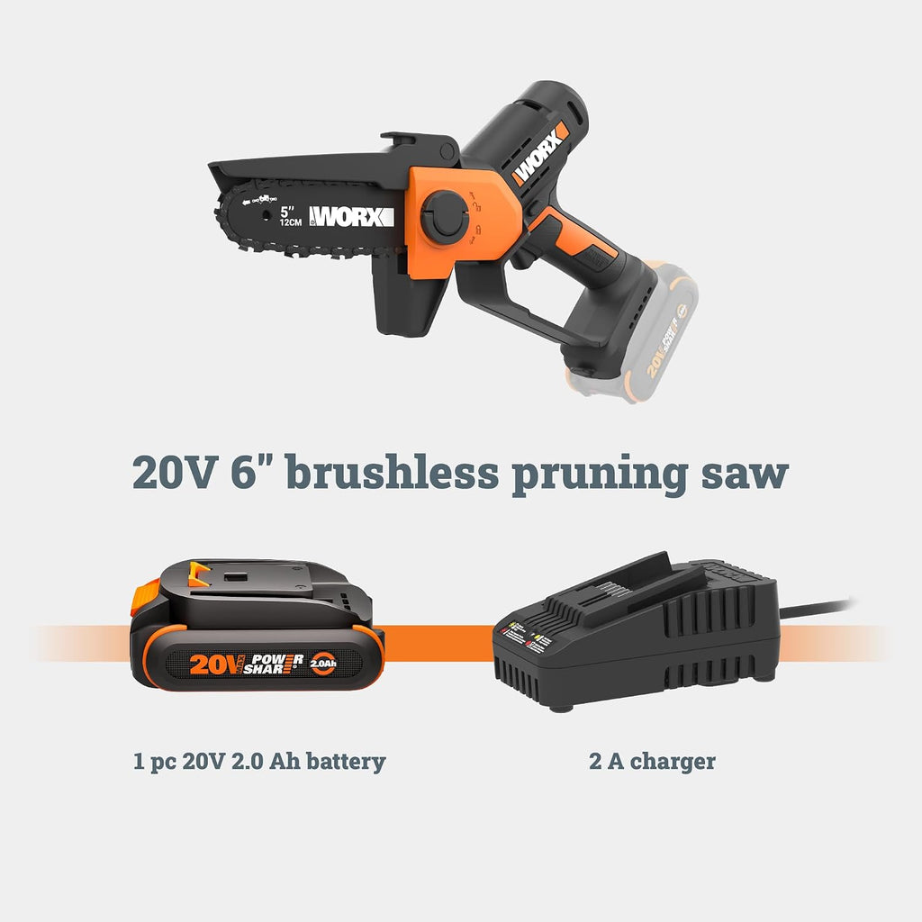 WORX Mini Chainsaw, 20V 6'' Pruning Saw with Brushless Motor, 33 ft/s Chain Speed, Only 3.49 lbs, Includes 20V 2.0 Ah Battery and Charger, PowerShare