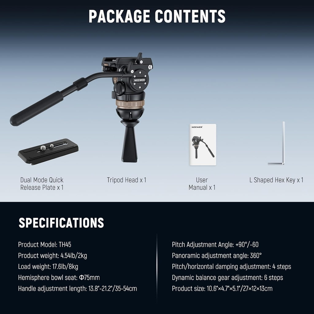 NEEWER Video Tripod Fluid Head w/ 6 Level Dynamic Counterbalance, 4 Level Pan/Tilt Damping, Handle, φ75mm Base, Metal Heavy Duty QR Plate Compatible with DJI RS Gimbals, Max Load 18lb, TH45
