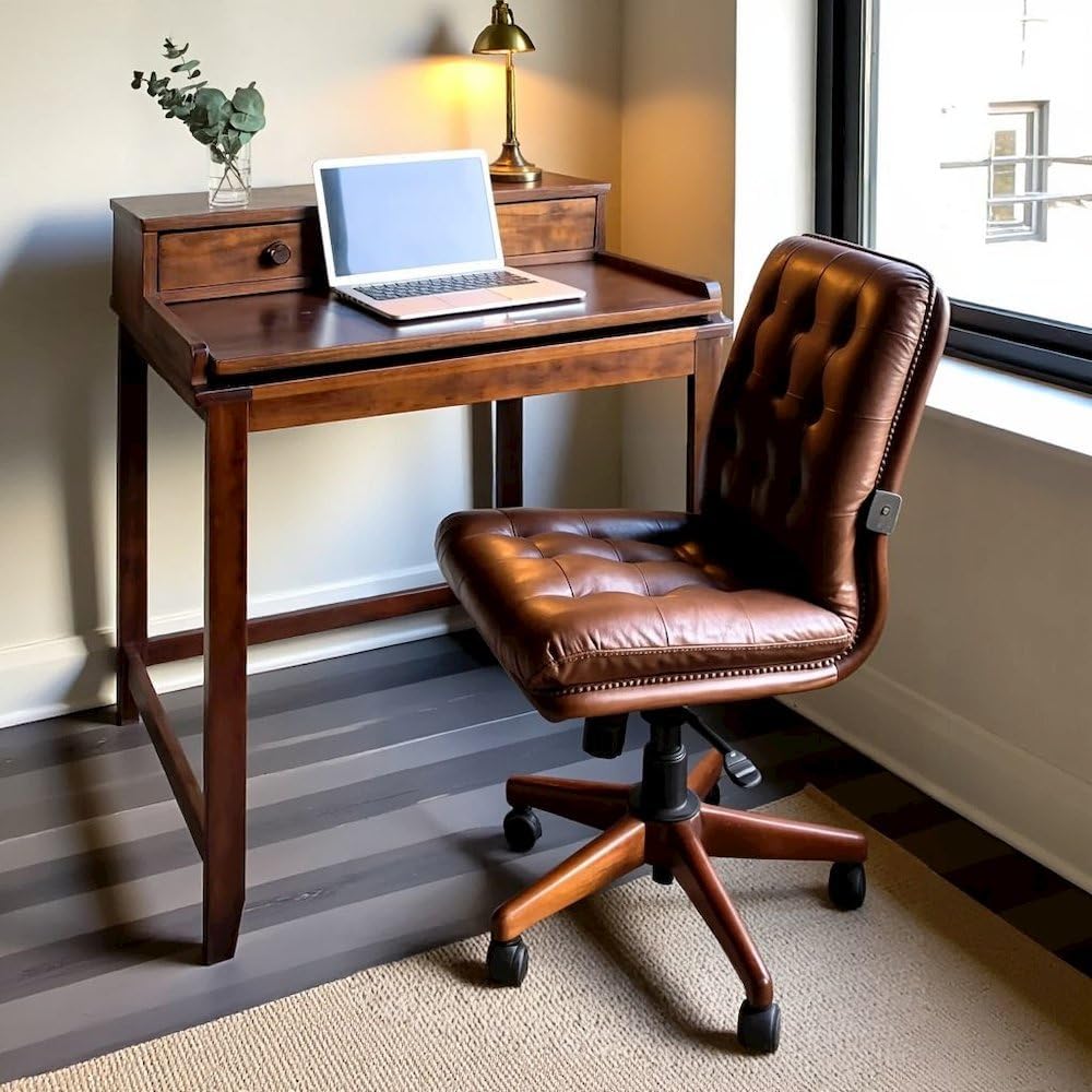 Furnifact Solid Wood Computer Desk in Truffle Brown with Drawers, Hidden Compartment, Pull-Out Tray, and Magnetic Locking, Mid Century Modern Design