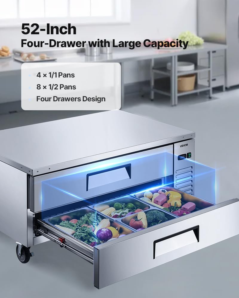 VEVOR Chef Base Refrigerator, 52' W Commercial Chef Bases Worktop Refrigerators, 2-Drawer Under Counter Fridge with 8 Pans Stainless Steel, Heavy-Duty Refrigerated Base, Invisible Door Handle