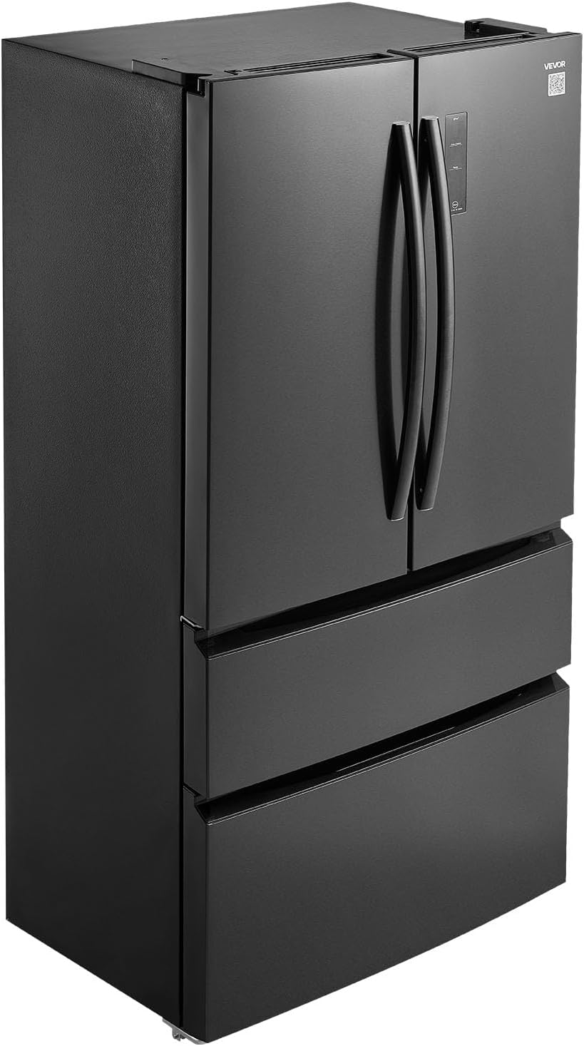 VEVOR French Door Refrigerator, 18.9 Cu. Ft. Kitchen Fridge, Counter Depth French Refrigerator with LED Display and 4 Casters, Frost-Free Bottom Freezer Refrigerators for Home & Commercial Use, Black