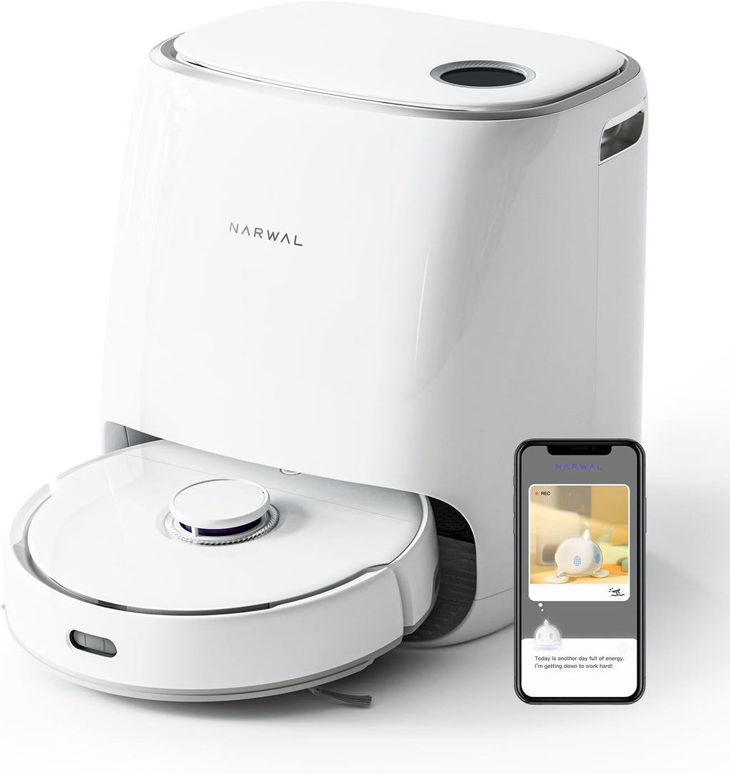 NARWAL Freo Robot Vacuum and Mop Comb, Washing & Drying, Dirt Sense Ultra Clean, Auto Add Cleaner, LCD Display, Smart Swing, Arcuate-Route, WiFi, APP Control, White (Renewed)