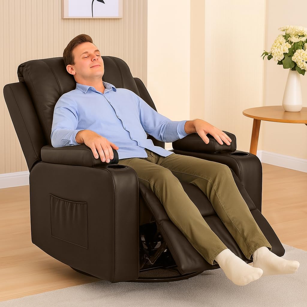 COMHOMA Recliner Chair,PU Rocking Chair for Adults,Swivel Recliner with Cup Holders,Single Sofa Seat with Side Pockets for Living Room,Bedroom(Brown)