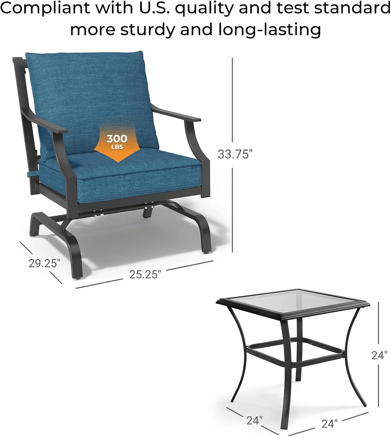 Grand patio Outdoor Patio Seating, 3 Piece Patio Set, 2 Motion Chairs with Side Table, Peacock Blue