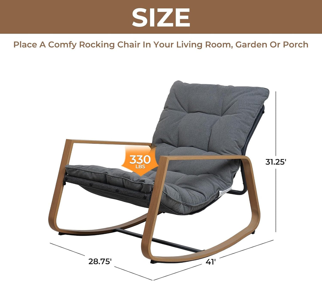Grand patio Outdoor Rocking Chair, Modern Patio Rocking Chair, 30° Smooth Gliding Motion,Comfortable Padded Seat-Easy Assembly, Living Room, Balcony, Porch, Patio, Garden, Lawn -Dark Grey
