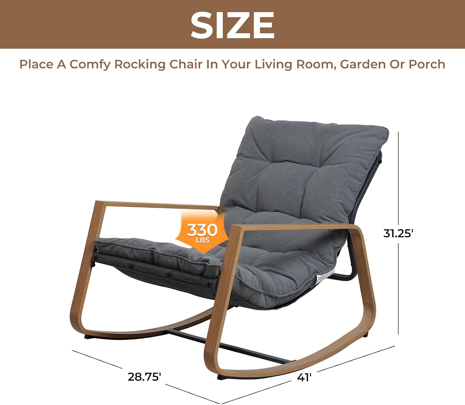 Grand patio Outdoor Rocking Chair, Modern Patio Rocking Chair, 30° Smooth Gliding Motion,Comfortable Padded Seat-Easy Assembly, Living Room, Balcony, Porch, Patio, Garden, Lawn -Dark Grey