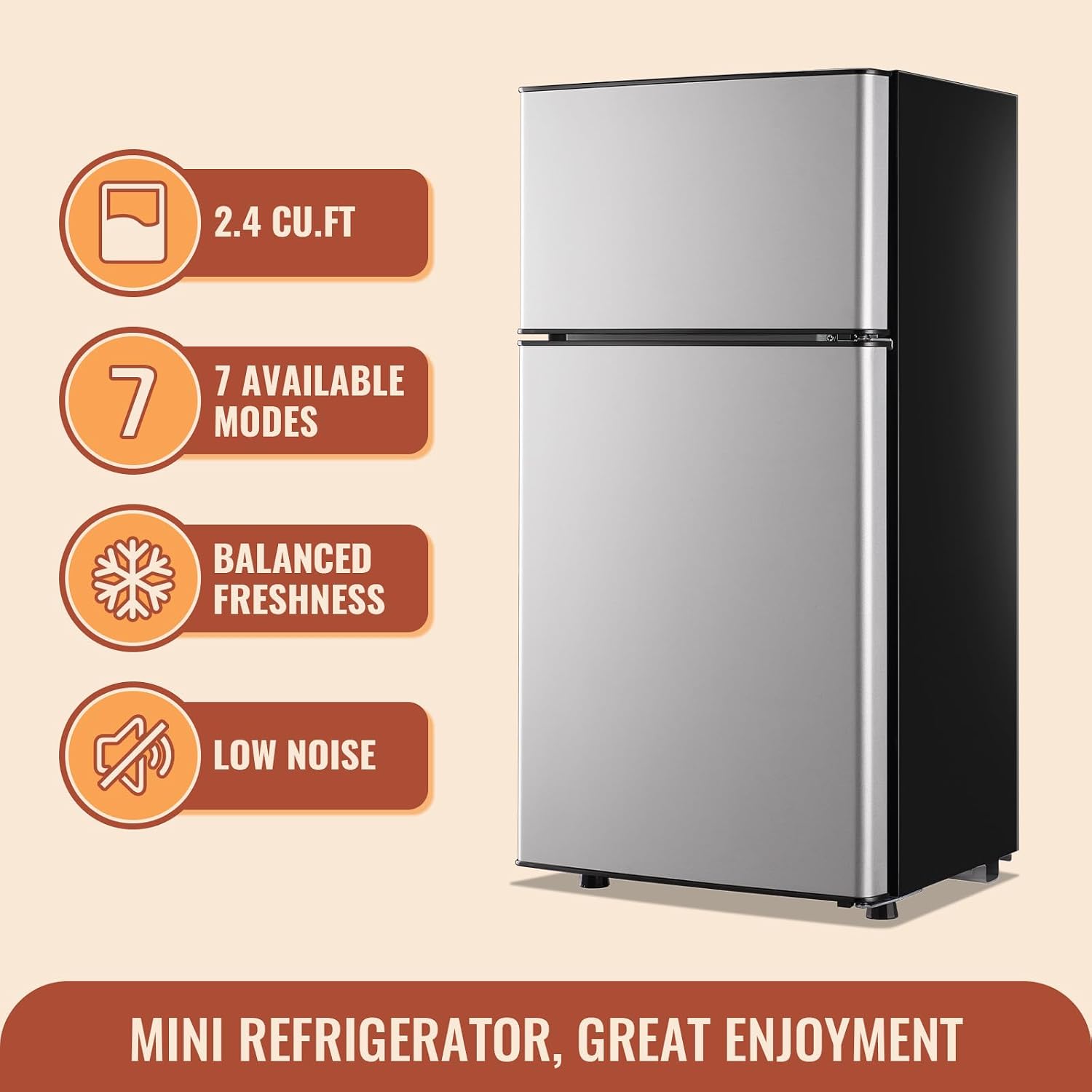 DEMULLER 2.4 Cu.ft Mini Fridge with Double Doors Silver Small Refrigerator with Separate Freezer & 7 Adjustable Temperature Control, Tiny Size & Personal Fridge Ideal for Office Apartment Dorm