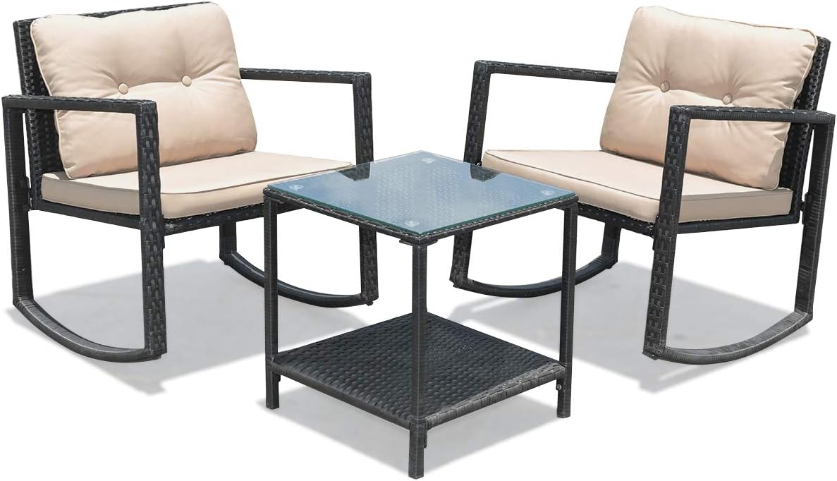 Tangkula 3 Pieces Patio Wicker Rocking Set, Outdoor Rocking Chairs and Table Set with Cushions, Glass Coffee Table with Storage Shelf, Suitable for Patio, Garden, Poolside, Balcony (Beige)
