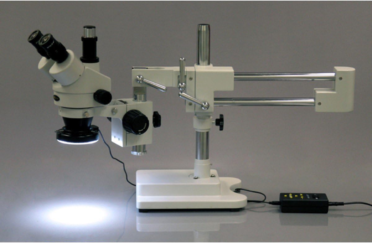 AmScope SM-4TZZ-144A Professional Trinocular Stereo Zoom Microscope, WH10x and WH20x Eyepieces, 3.5X-180X Magnification, 0.7X-4.5X Zoom Objective, Ambient Lighting, Double-Arm Boom Stand, Includes 0.5X and 2.0X Barlow Lens