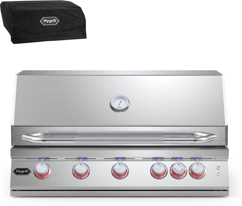 Hygrill Premium XTR 40-Inch Built In Grill, Stainless Steel 5-Burner Grill Head for Outdoor Kitchen with Rear Infrared Burner and LED Lights, Natural Gas