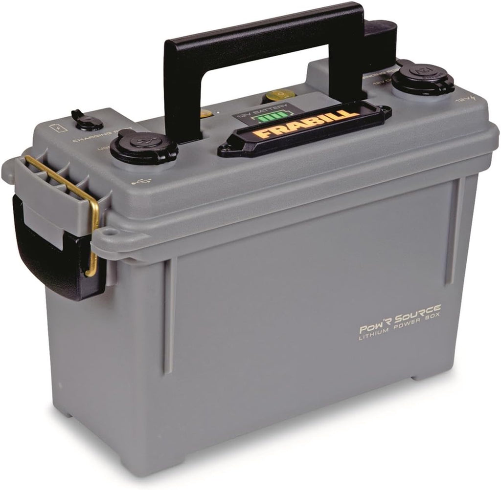 Frabill Pow'R Source Storage Box | Water Resistant Lightweight and Portable Power 12V 10 AH Power Source and Storage Box, Gray