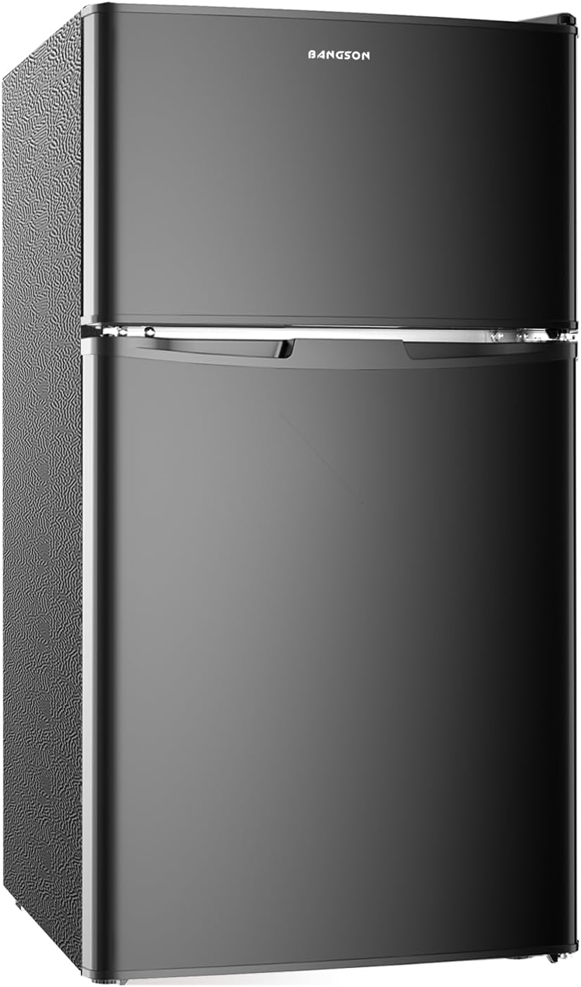 BANGSON 3.2 CU.FT Mini Fridge with Freezer Bedroom, 2 Door Office Small Refrigerator, Quiet Compact Fridge for Home, Dorm, Apartment, Garage, RV, Adjustable Thermostat, Low Noise, Black