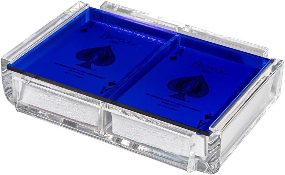 Modern Elegant Playing Card Deck Holder Tray with 2 Decks of Playing Cards in Unique Stylish Deluxe Acrylic Box with Color lid (Blue)