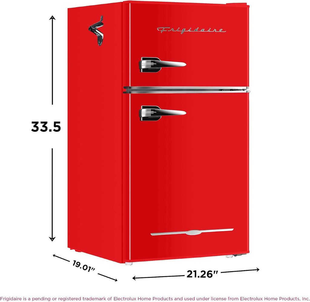 Frigidaire Retro Compact Fridge Freezer Combo, 3.1 cu. ft. Capacity, Small Top Freezer Refrigerator, Mini Fridge with Built-in Bottle Opener – 19''D x 20.5' W x 33.5' H (Red)
