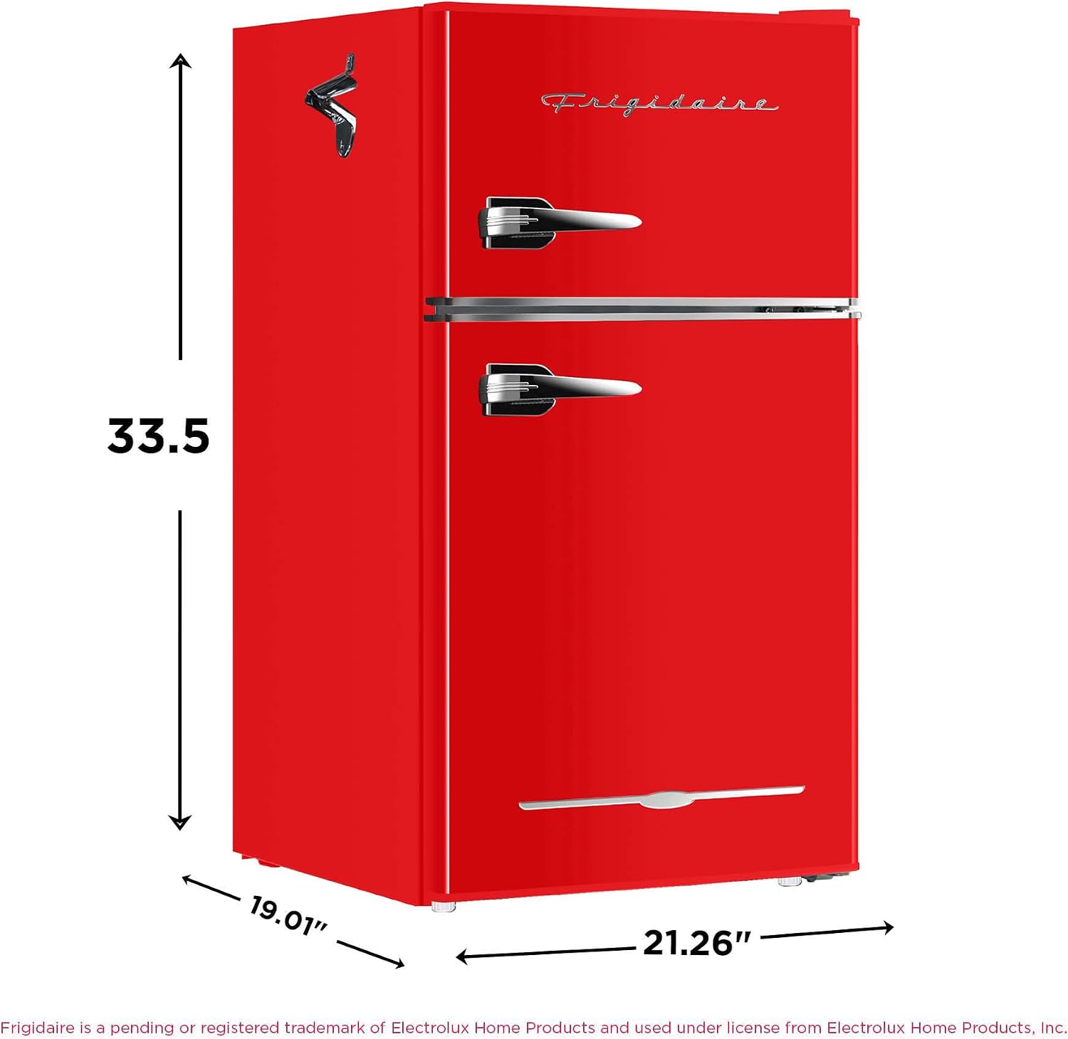 Frigidaire Retro Compact Fridge Freezer Combo, 3.1 cu. ft. Capacity, Small Top Freezer Refrigerator, Mini Fridge with Built-in Bottle Opener – 19''D x 20.5' W x 33.5' H (Red)