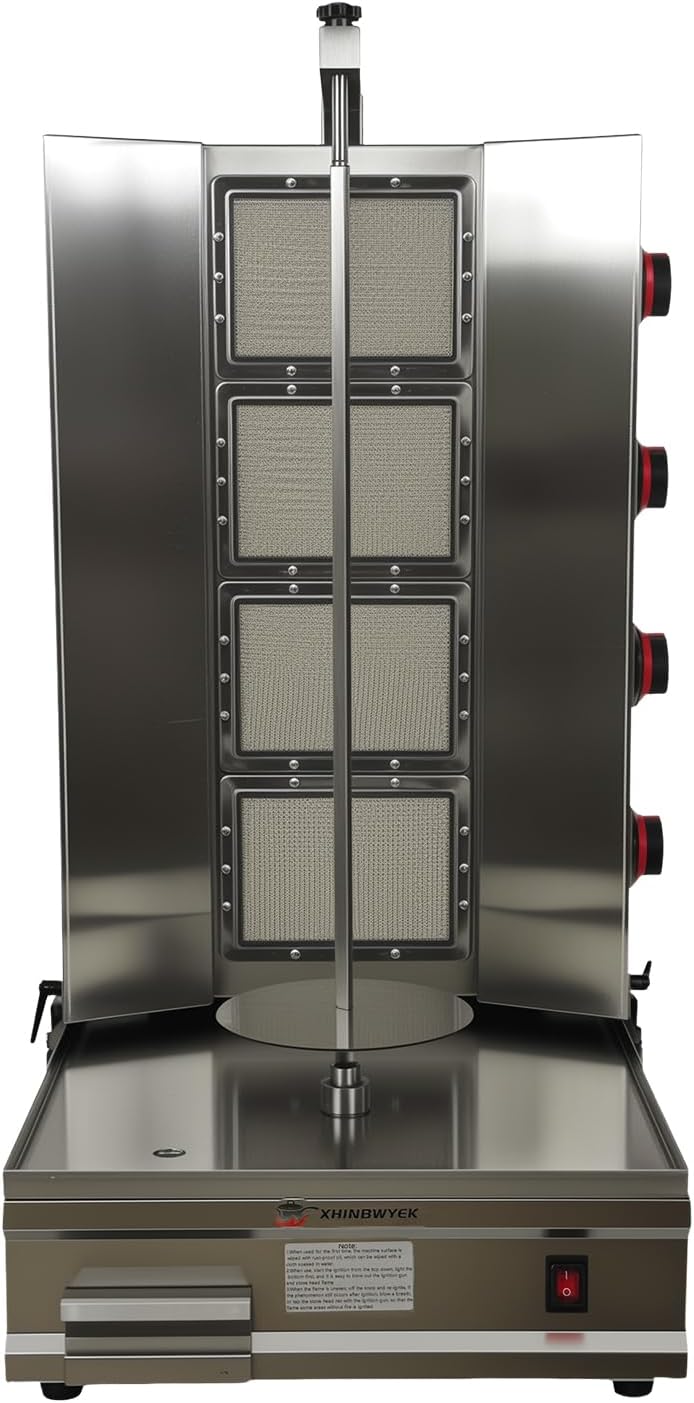 Shawarma Machine Oven Rotisserie Kebab Turkey Infrared Burner, Automatic Rotation and Adjustable Distance, 4 Propane Controls Up to 750°F,Vertical Skewers, Stainless Steel