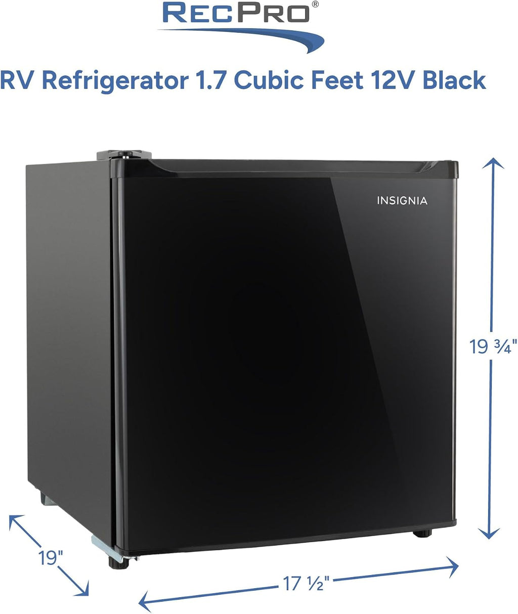 RecPro 1.7 Cu Ft 12V RV Refrigerator | Compact Fridge with Reversible Door, 2L Bottle Door Storage, 7 Temp Settings | Eco-Friendly R600A, Leveling Feet, Wire Shelf | 19.5'H x 17.5'W x 19.8'D
