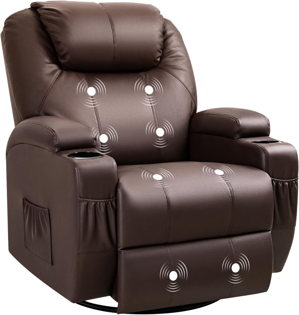 Recliner Chair, 360° Swivel Rocker Chair for Adults, Rocking Recliner Chair with Massage, Comfy Single Sofa with Side Pockets Cup Holders for Living Room, Bedroom, Nursery (Leather, Dark Brown)
