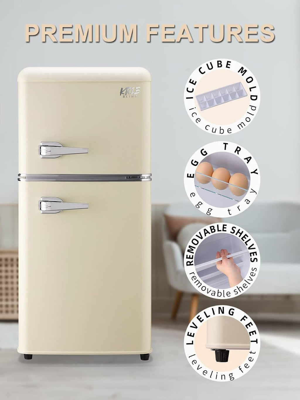 KRIB BLING 3.5 Cu.Ft Refrigerator with Freezer, 2 Doors Fridge with Adjustable Thermostat Control, Refrigerator for Kitchen, Dorm, Apartment, Garage, Office, Cream