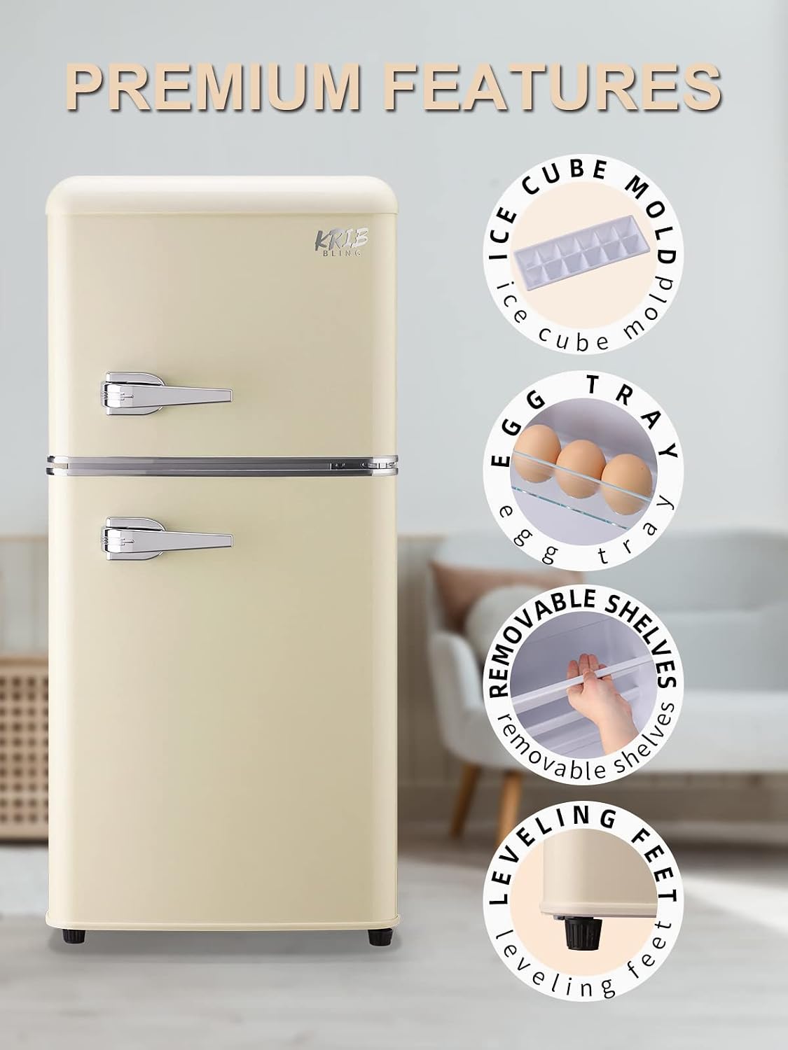 KRIB BLING 3.5 Cu.Ft Refrigerator with Freezer, 2 Doors Fridge with Adjustable Thermostat Control, Refrigerator for Kitchen, Dorm, Apartment, Garage, Office, Cream