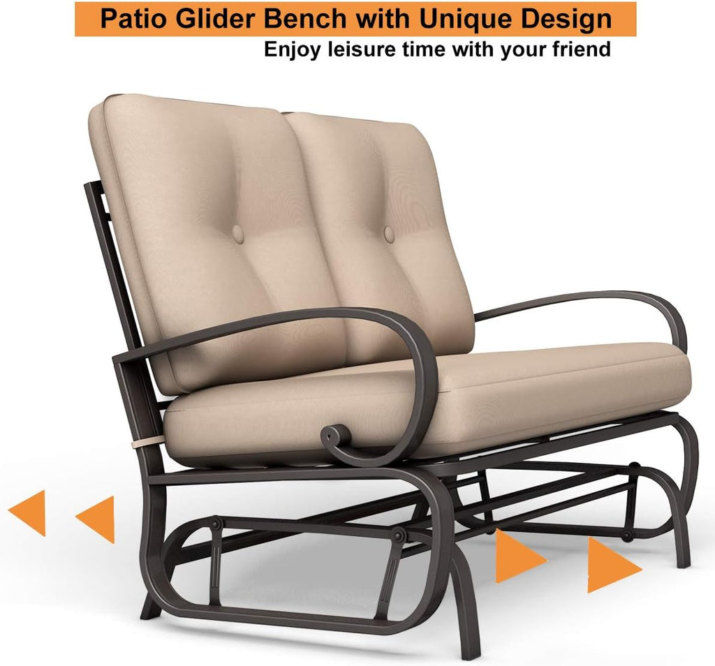 Giantex Outdoor Glider Bench, Patio 2 Person Loveseat with Removable Cushion, Thick Padded Seat, Stable Steel Frame, Outside Glider Swing Chair for Deck, Poolside, Yard, Balcony, Porch, Beige