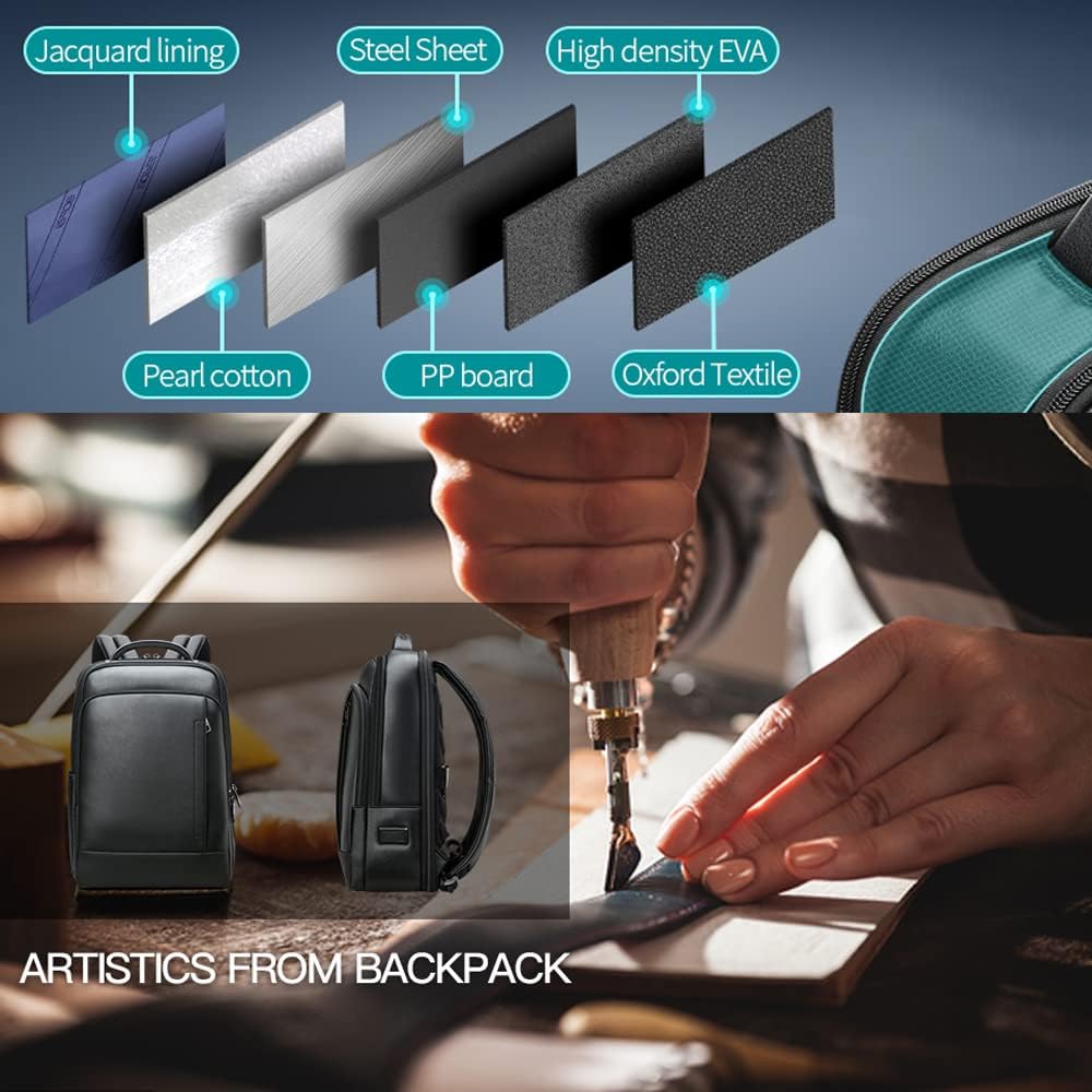BOPai Genuine Leather Backpack for Men Multi-Function Expand 15.6 inch Business Laptop Backpack Travel Smart with USB Charging Backpack Office Black