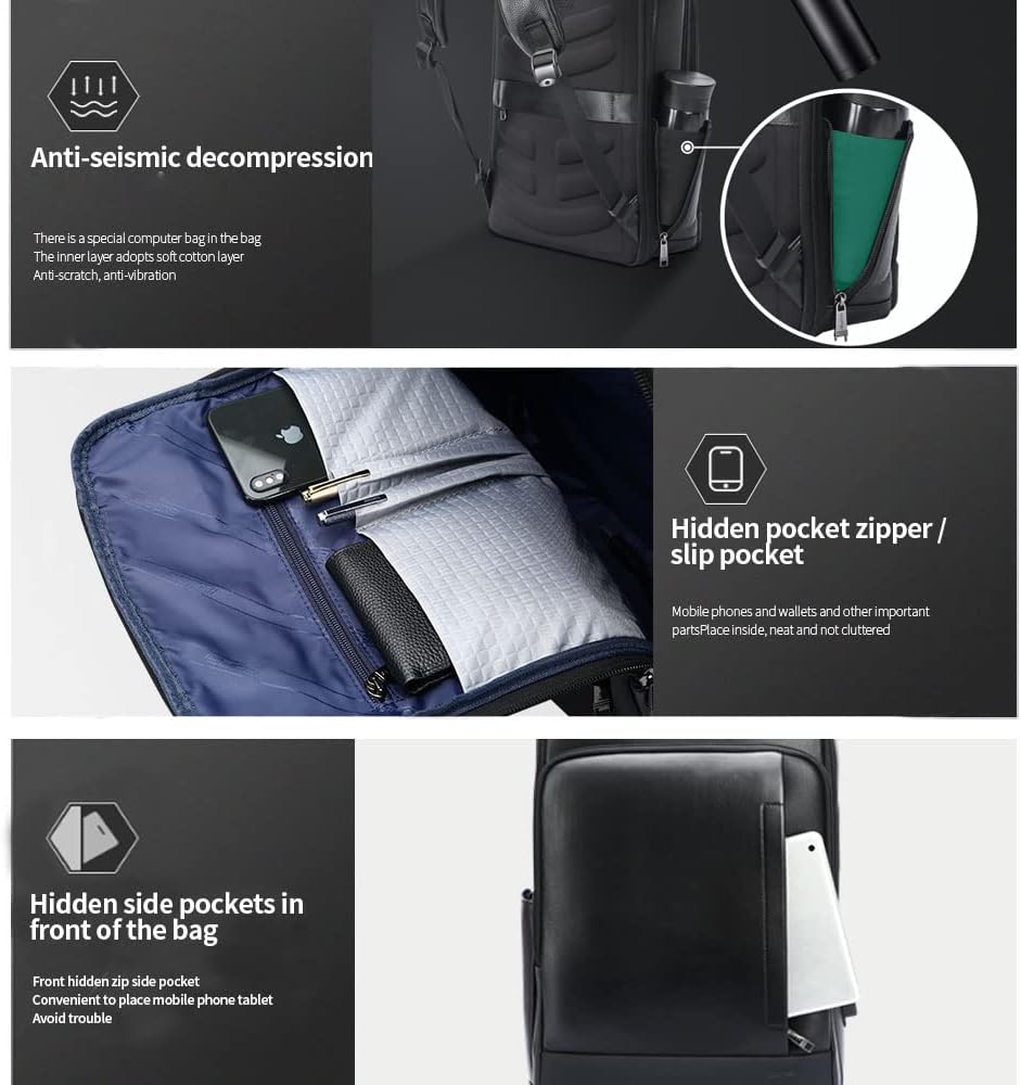 BOPai Genuine Leather Backpack for Men Multi-Function Expand 15.6 inch Business Laptop Backpack Travel Smart with USB Charging Backpack Office Black